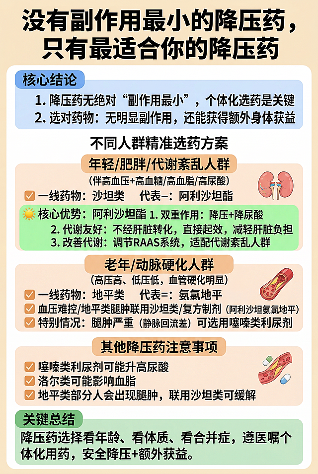 生成降压药选择科普信息图，主标题为“没有副作用最小的降压药，只有最适合你的降压药”，核心结论为“降压药无绝对‘副作用最小’，个体化选药是关键，选对药物：无明显副作用，还能获得额外身体获益”。包含不同人群精准选药方案：年轻/肥胖/代谢紊乱人群（伴高血压+高血糖/高血脂/高尿酸）首选沙坦类（代表：阿利沙坦酯）；老年/动脉硬化人群（高压高、低压低，血管硬化明显）首选地平类（代表：氨氯地平），血压难控/地平类腿肿联用沙坦类/复方制剂（阿利沙坦氨氯地平），腿肿严重（静脉回流差）可选用噻嗪类利尿剂。重点介绍阿利沙坦酯核心优势：1.双重作用：降压+降尿酸；2.代谢友好：不经肝脏转化，直接起效，减轻肝脏负担；3.改善代谢：调节RAAS系统，适配代谢紊乱人群。其他降压药注意事项：噻嗪类利尿剂可能升高尿酸，洛尔类可能影响血脂，地平类部分人会出现腿肿，联用沙坦类可缓解。关键总结：降压药选择看年龄、看体质、看合并症，遵医嘱个体化用药，安全降压+额外获益。整体风格为医疗科普风，清晰易读，和参考图风格一致。