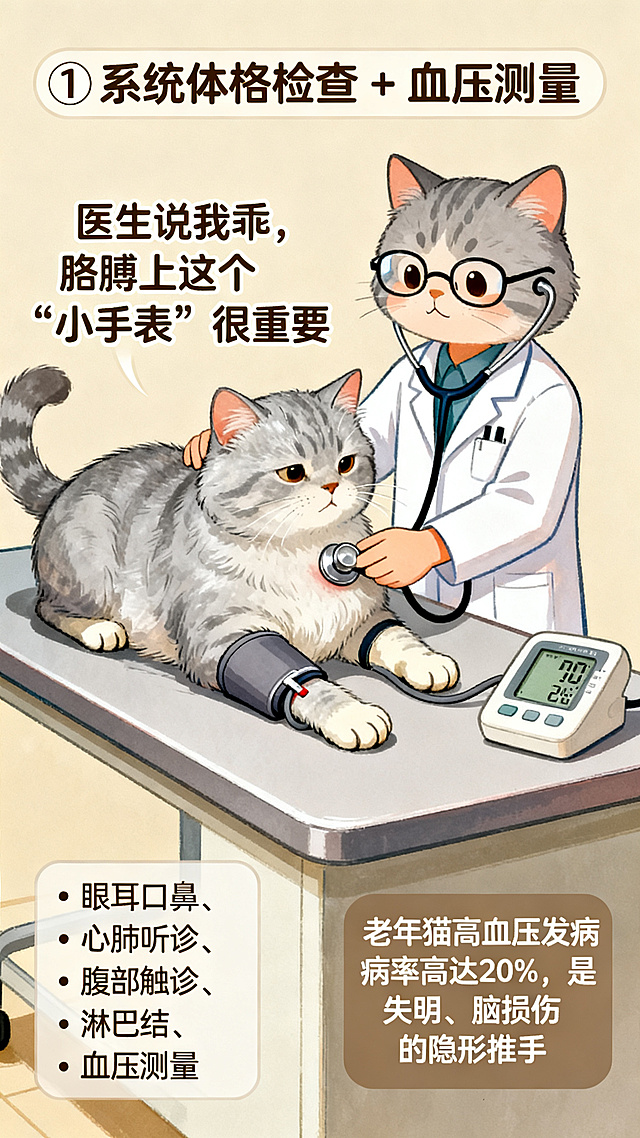 第三屏系统体格检查+血压测量：银灰老年猫趴诊台，戴眼镜卡通猫医生用听诊器听胸口，猫前腿绑迷你血压袖带，血压计显示数字，暖奶油背景，手绘插画风格。包含文案：项目"① 系统体格检查 + 血压测量"，拟猫化"医生说我乖，胳膊上这个‘小手表’很重要"，内容"眼耳口鼻、心肺听诊、腹部触诊、淋巴结、血压测量"，为何必做"老年猫高血压发病率高达20%，是失明、脑损伤的隐形推手"