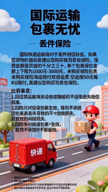 将图中文字“未购买保险包裹丢失按照50元每KG”修改为“未购买保险海运赔付双倍运费 空运按50元每KG赔付”，其余所有内容、风格、文字格式保持不变预览效果