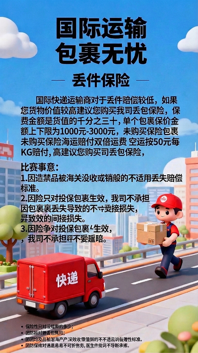将图中文字“未购买保险包裹丢失按照50元每KG”修改为“未购买保险海运赔付双倍运费 空运按50元每KG赔付”，其余所有内容、风格、文字格式保持不变