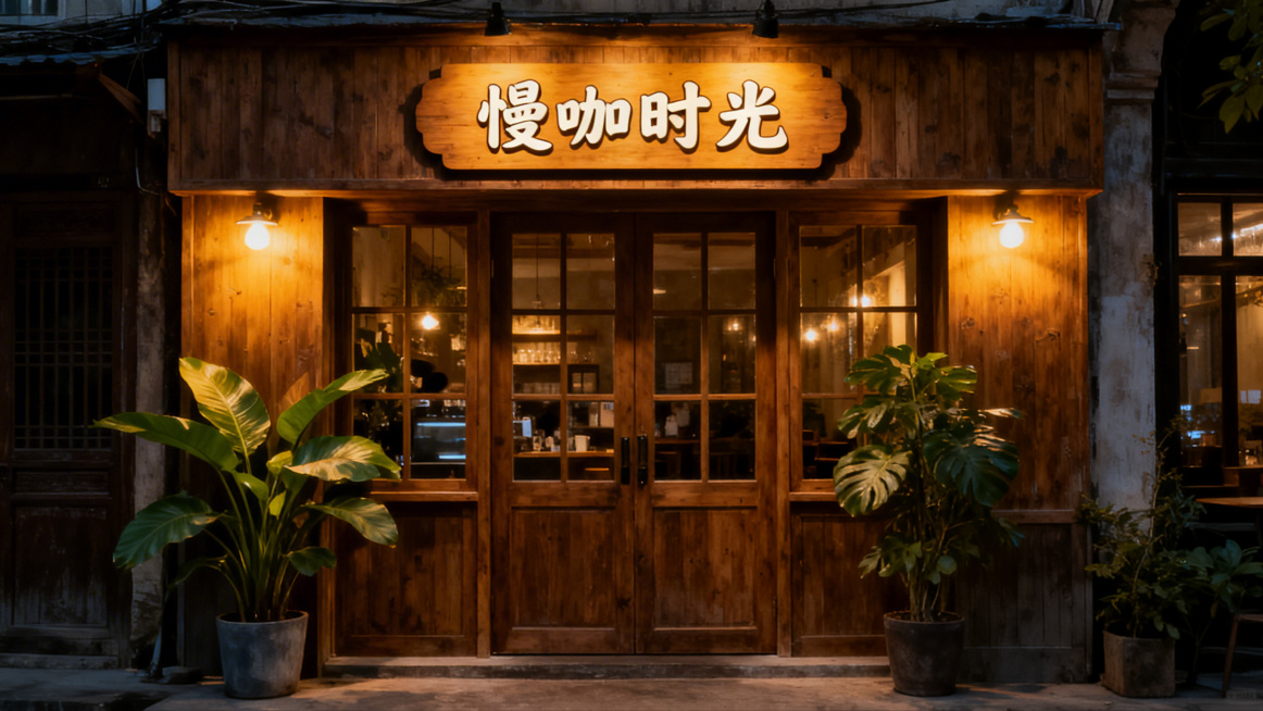 一个酷似咖啡厅的店面正面，温暖复古风格，木质门窗，门口摆放绿植，暖黄色灯光，招牌带有文艺字体预览效果