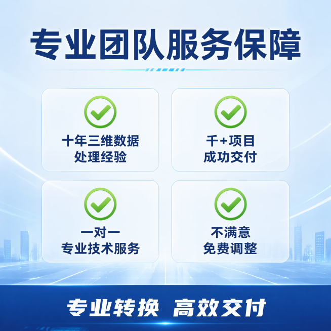[主图-4] 三维格式转换服务信任背书主图。[氛围风格] 专业可信商务风，简洁稳重。[画质] 商业设计质感，画面清晰干净，文字锐利清晰，细节丰富。[元素] 浅蓝渐变科技感背景，上方放置主标题"专业团队预览效果