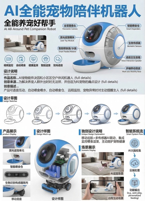 修改这张AI宠物陪伴机器人海报，将独创设计说明部分的文字替换为：移动巡航+多传感器AI联动，集成监控喂食逗宠，主动陪护宠物健康，保持其他内容、布局和风格完全不变预览效果