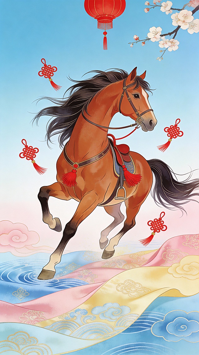 国潮风插画，工笔与水彩融合，骏马踏云奔腾，红灯笼与梅花点缀，喜庆梦幻。