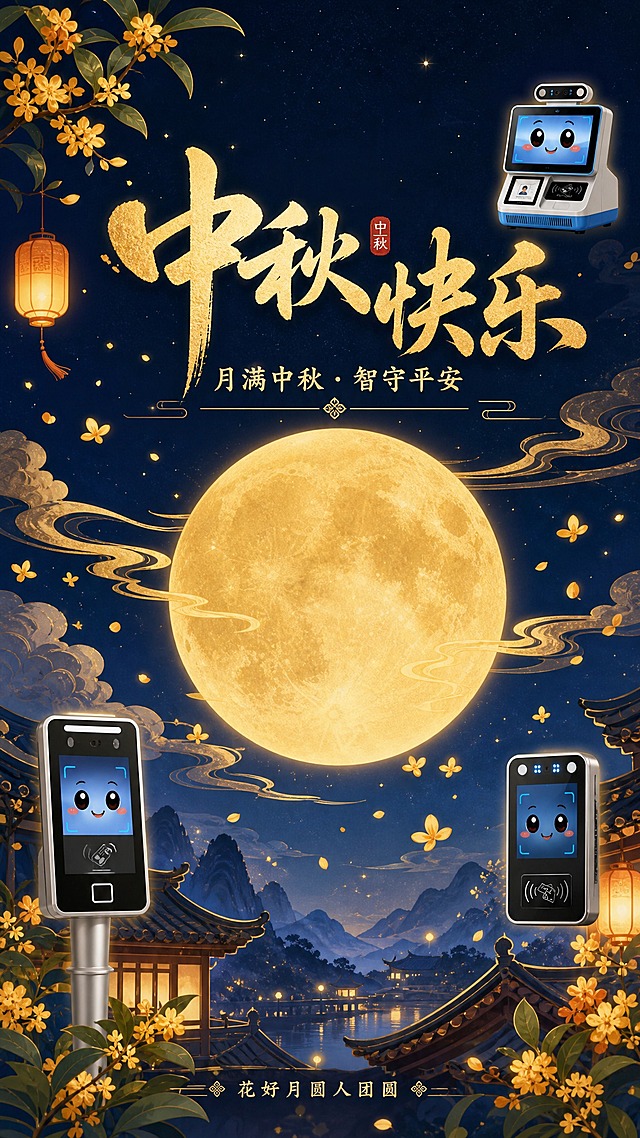 中秋国风节日海报，竖版9:16，朋友圈客户祝福图。画面主视觉：一轮巨大的金色圆月悬于深蓝色夜空，周围环绕飘逸的金色祥云与桂花枝，桂花花瓣飘落，下方有中式屋檐剪影和远山，整体温馨雅致，中秋氛围浓厚。配色以藏青、暖金、橙黄为主，避免粉色。画面中点缀3个Q版动漫可爱风格的智能设备小图标，尺寸小巧但清晰醒目，分别位于画面左下、右下、右上角位置，每款约占画面5%-8%空间：1)左下角：立式人脸识别门禁机（带银色立柱，黑色机身带屏幕），Q版卡通化，圆润可爱；2)右下角：壁挂式人脸识别门禁机（黑色长方形机身带刷卡感应区），Q版卡通化，圆润可爱；3)右上角：桌面式人证核验访客机（带顶部摄像头模组，大屏幕，下方扫码区和身份证识别区），Q版卡通化，圆润可爱。三款设备均保持原有外形特征但做Q版萌化处理，带有轻微发光科技感。画面上方中央主标题大字："中秋快乐"，金色书法字体；副标题："月满中秋 · 智守平安"；底部小字装饰文案："花好月圆人团圆"。整体排版精美，层次分明，节日氛围为主，设备为点缀，文字清晰可读，2K高清画质，国风新中式插画风格。