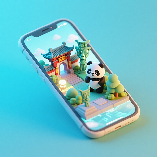 一个手机创意微缩场景，手机平放，侧面对着观众，手机俯视角度，立体的成都景观从屏幕内出来，有熊猫，三星堆，武侯祠，整体色调立体魔幻。青色背景。具有梦幻感,打光营造出柔和氛围强调梦幻和未来感的美学。