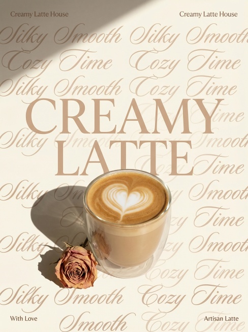 一张为 “Creamy Latte House” 设计的轻奢风排版海报。其核心是将 “Silky Smooth” 与 “Cozy Time” 标语以优雅花体构成重复背景，左右上角为小字 “Creamy预览效果