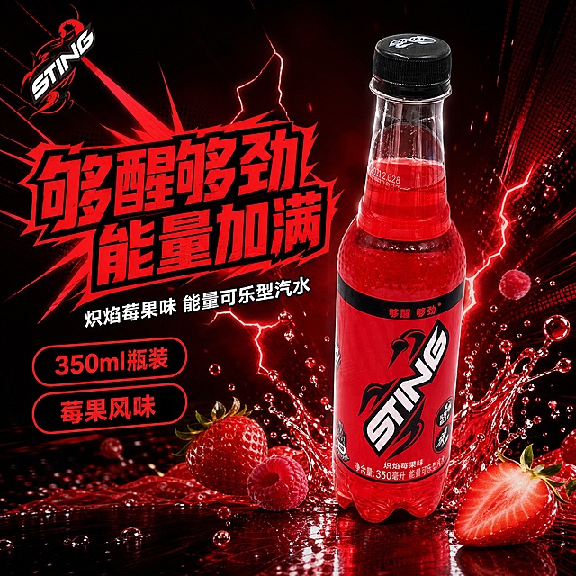 [单张主图] STING能量饮料（炽焰莓果味），爆款促销感主图路线，目标是突出「够醒够劲、能量可乐型汽水、炽焰莓果味」核心卖点，强视觉冲击吸引点击。
[画面主体] 1瓶STING能量饮料，正面角度，占画面50%-55%，位于画面右侧偏中。透明PET瓶身，红色液体，黑色瓶盖带STING白色Logo，瓶身黑色标签带白色「STING」大字体和火焰图案，「够醒够劲」红色小字在上，「炽焰莓果味 净含量350毫升 能量可乐型汽水」在底部。保持产品外观与输入图完全一致。
[构图版式] 采用「潮酷漫画冲击型」版式。深色背景，产品大主体竖向偏右，左侧荧光色块承接卖点，整体年轻潮酷、能量感强。
[场景元素] 背景为深黑到深红渐变，带速度线、能量闪电、红色气泡飞溅元素。底部有黑色反光台面。周围有莓果（草莓、树莓）切片和红色液体飞溅效果，营造炽焰能量感。左上角保留STING品牌Logo位。
[文案版式] 主标题：「够醒够劲 能量加满」，粗黑体，荧光红色带黑色描边，位于左侧中部，分两行。副文案：「炽焰莓果味 能量可乐型汽水」，白色细黑体，在主标题下方。卖点标签2组：「350ml瓶装」「莓果风味」，用黑色底荧光红字圆角胶囊，竖排在主标题下方。
[光影质感] 商业摄影质感，高反差硬光，瓶身有强烈高光反射，液体通透红润，底部有硬朗接触阴影，整体酷炫有力量感。
[配色字体] 主色黑色、红色、荧光红；字体为粗黑潮流字体，字重厚重，对比强烈。
[比例分辨率] 1:1比例，2K分辨率，文字清晰可辨，产品高清锐利。
[负向提示词] 变形、错字、糊字、伪Logo、主体遮挡、背景杂乱、低清晰度、正品保证、破碎包赔、平台水印、二维码、绝对化用语