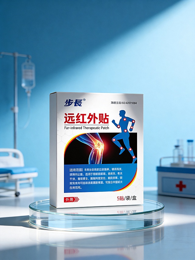 商业产品摄影，步长远红外贴产品放置在透明钢化玻璃承托台面上，产品正立平稳陈列，平视视线高度，完整保留产品原有轮廓、结构、比例、材质、颜色和包装上的所有文字信息，自然融入场景光影，产品占画面60%-70%，完整不裁切。背景是简约医疗蓝色，搭配简单医疗元素，8K超写实质感，写实光追，斜前45度主光照亮产品正面，环境补光加柔和轮廓光，包装呈现哑光柔反光，产品突出有质感