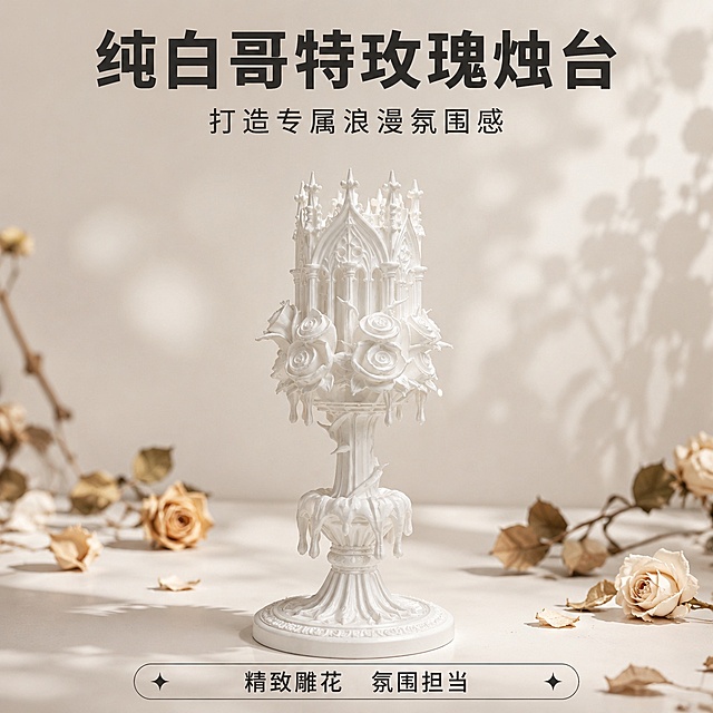 [第1屏] 详情页1:1封面图 - 纯白哥特玫瑰烛台产品头图。本屏使用【图1】作为商品主体。
[氛围/风格] 简约高级氛围感，ins风家居质感，商业摄影质感，柔和光影。
[元素布局] 烛台主体居中放置，占比约70%，保留产品原有哥特城堡雕花、玫瑰装饰、蜡滴造型结构和纯白色泽不变；背景搭配简约哑光米白色台面，周围点缀干枯玫瑰枝叶和柔和光斑，层次感丰富。
[光影质感] 左前方主光柔打，右侧自然补光，下方自然投影，突出雕花细节和立体轮廓，明暗层次清晰。
[配色色系] 全局底色 #f5f5f5，主色纯白，辅助色浅灰、浅木色。
[视角构图] 正面45°微俯视，产品为绝对视觉中心，阅读动线从上至下。
[文字版式] 顶部大标题「纯白哥特玫瑰烛台」，副标题「打造专属浪漫氛围感」，黑体加粗居中，标题下方留白，产品居中展示，底部信息条标注核心卖点「精致雕花 氛围担当」，文字不遮挡主体。
[比例分辨率] 1:1方图比例，4K分辨率，文字清晰可辨，高清画质。
[负向提示词] 产品变形，结构错误，颜色偏差，雕花细节丢失，文字错乱，水印，背景杂乱，缺件错件。