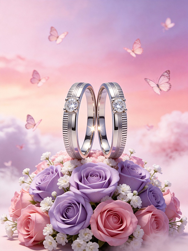 梦幻甜美风商业美妆 3D 渲染风格，画面以柔和渐变的樱花粉为背景主色调，整体色调轻盈浪漫且富有少女感。采用平视正前方的视角，主体置于画面中央的鲜花底座之上，呈完全直立角度，占据视觉核心区域，大小适中。鲜花底座由浅紫玫瑰、粉玫瑰与白色小花组成，背景为带有朦胧云雾的粉色渐变天空，点缀悬浮的蝴蝶元素。采用柔和的全局光结合局部辉光效果，营造出明暗层次丰富的梦幻氛围，主体与浪漫甜美的场景融为一体，充满情人节的甜蜜氛围感与视觉张力。