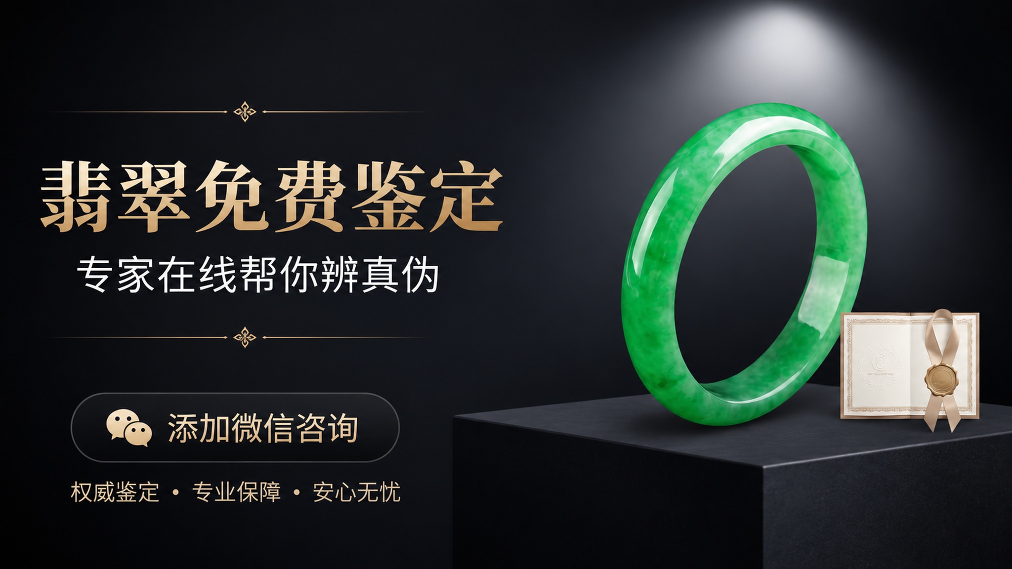 商业写实摄影海报，黑灰色渐变背景，一张黑色展台展示天然阳绿翡翠… - 图片创意预览