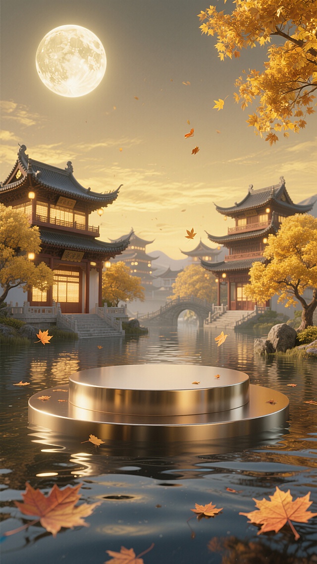 国风虚拟电商场景图。前景是一个圆形金属展台，水面波光粼粼，几片枫叶飘落。背景亮灯的传统中式楼阁建筑群、金黄枫树，金色的天空挂着一轮发光的圆月
