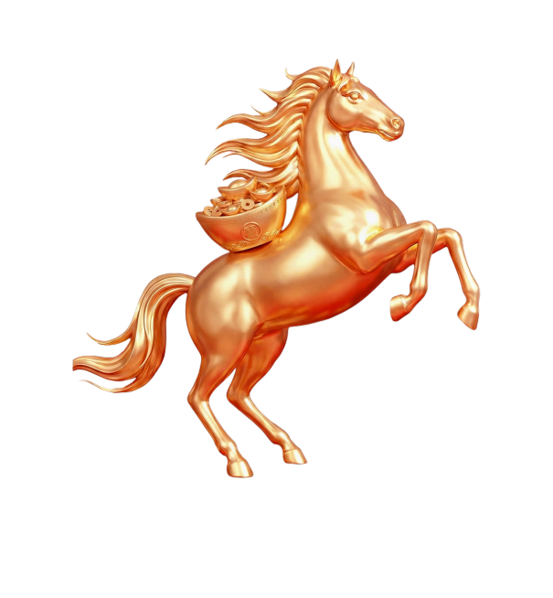 参考图一的风格以及图二的动作生成一张一匹正在全力奔腾的金色骏马，鬃毛与尾巴随风剧烈扬起，四肢呈现奔跑的舒展姿态，四肢姿态：前腿一腿向前完全伸展、另一腿向后弯曲蓄力，后腿一腿蹬地后向后伸展、另一腿向前折预览效果