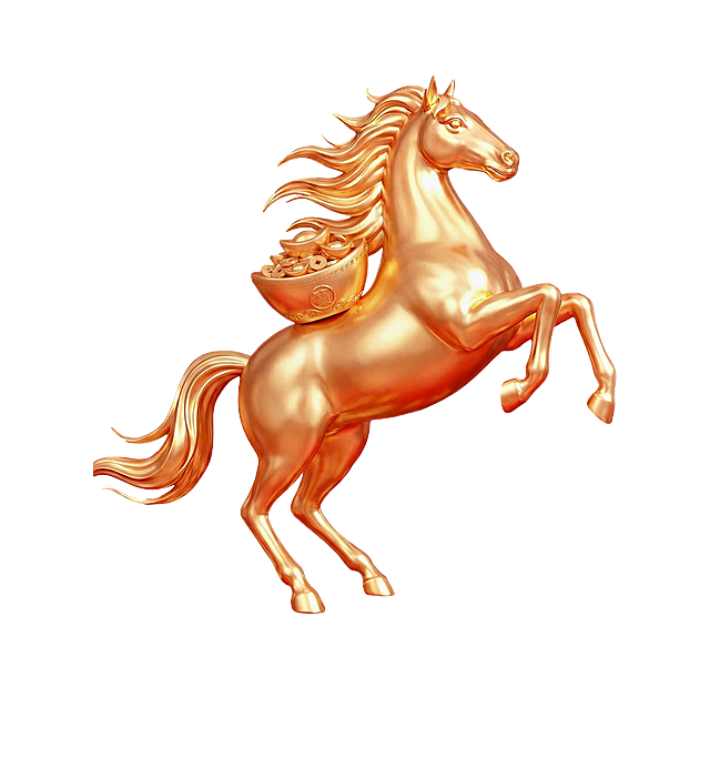 参考图一的风格以及图二的动作生成一张一匹正在全力奔腾的金色骏马，鬃毛与尾巴随风剧烈扬起，四肢呈现奔跑的舒展姿态，四肢姿态：前腿一腿向前完全伸展、另一腿向后弯曲蓄力，后腿一腿蹬地后向后伸展、另一腿向前折叠，是奔跑中 “腾空 + 蹬伸” 的衔接阶段，展现出爆发力；
躯干动态：身体呈轻微的 “弓形舒展”，背部肌肉因四肢伸展而拉开，腹部收紧，体现奔跑时的核心发力；马背上放着一个聚宝盆