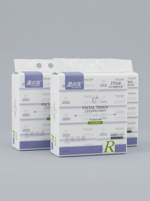 将三提柔贝佳抽纸放置在简洁干净的莫兰迪纯色无影墙背景上，保持产品主体物理结构不变，保持包装上所有文字和Logo原样不变，采用现代极简风，大面积柔和柔光，低饱和度莫兰迪浅灰色调，中心构图，仅保留物体底部预览效果