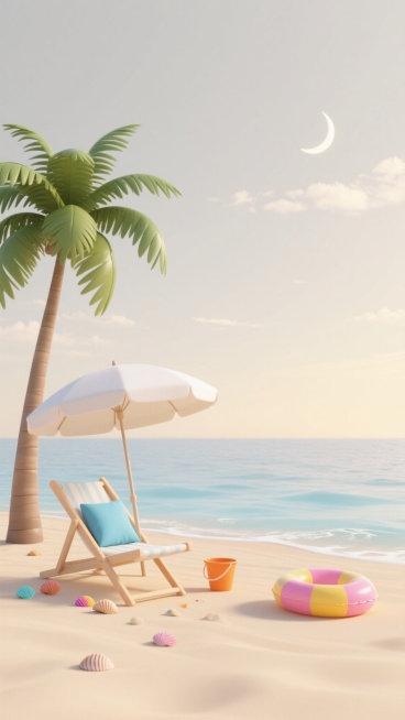 夏天背景，大面积留白的海滩场景，3D渲染风格，柔和的莫兰迪色系色调搭配，明亮的淡黄色阳光与浅灰色天空形成渐变，温暖的米色沙滩，清澈的浅蓝色海水，画面左侧一棵高大的绿色棕榈树，树下一张浅色木质躺椅，旁边放着一个蓝色的靠垫，躺椅上方是一把白色的遮阳伞，伞下散落着几个彩色的贝壳和一个橙色的小水桶，画面右侧的海水中漂浮着一个粉色和黄色相间的游泳圈，远处的海平面上有一轮淡淡的弯月，天空中点缀着几朵稀疏的……预览效果