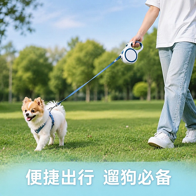 [主图-5] 狗狗自动伸缩牵引绳户外使用场景图。[氛围风格] 自然清新生活化风格，真实自然。[画质] 商业摄影质感、光线柔和通透、产品清晰真实、画面干净高级。[元素] 保持牵引绳产品外观（即物理结构、材质质感、颜色）与输入产品图绝对一致，杜绝任何变形和色差，精细化处理。场景为公园户外草坪，主人手持牵引绳，牵出一只可爱小型犬，牵引绳自然伸展，展示使用状态。产品清晰可见，宠物自然互动，氛围轻松愉悦，展示产品日常使用的便捷性。整体画面自然不刻意，产品作为核心清晰展示。[光影] 自然日光，柔和明亮，户外氛围感强，阴影自然。[配色] 绿色草地自然色，产品白蓝点缀其中，清新和谐。[视角构图] 平视视角，产品和宠物都在视觉中心，景深适中，背景自然虚化突出主体。[文字版式] 底部浅蓝半透明渐变条，大字写便捷出行 遛狗必备，白色文字清晰醒目。[输出要求] 1:1比例，文字清晰可辨，超高清商业摄影质感。[负向提示词] 变形，文字错乱，产品图模糊，背景杂乱，水印，电商平台Logo。