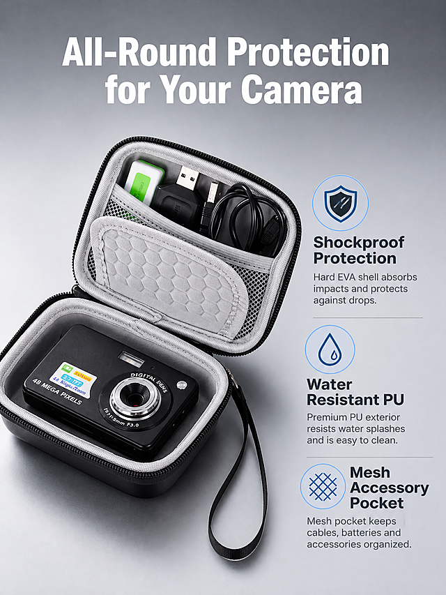 [主图-2] Hard Shell Digital Camera Carrying Case 核心价值卖点图，全方位保护你的数码相机。
[统一基调] 跨境电商克制信息图风格，冷灰科技底色系，字体为无衬线粗体英文，标题白色加粗，辅助文字浅灰色，图标为简洁线性风格。
[画面] 画面中央偏左展示打开状态的黑色硬壳相机收纳包，包内放置一台黑色卡片数码相机，上盖网袋中收纳着USB线、充电器和电池。右侧竖向排列3个核心卖点图标+文字：顶部图标为盾牌形状配文字"Shockproof Protection"，中间图标为水滴形状配文字"Water Resistant PU"，底部图标为网格形状配文字"Mesh Accessory Pocket"。背景为浅冷灰色渐变，整体干净科技感。
[光影质感] 商业摄影质感，主光从左上方照射，收纳包内部有柔和漫反射光，EVA内里呈现细腻纹理，PU外壳有微弱光泽，产品自然融入冷灰背景。
[配色] 背景浅冷灰渐变，产品黑色，标题文字白色，辅助文字深灰，图标用浅蓝色点缀。
[文字版式] 主标题在画面顶部居中，大号白色粗体无衬线字写"All-Round Protection for Your Camera"；右侧3个卖点每项为图标+大号卖点词+小号说明词，左对齐排列，文字清晰不遮挡产品主体。
[输出要求] 比例3:4，文字清晰可读，产品清晰，无变形、错字、模糊、杂乱、水印、平台Logo。