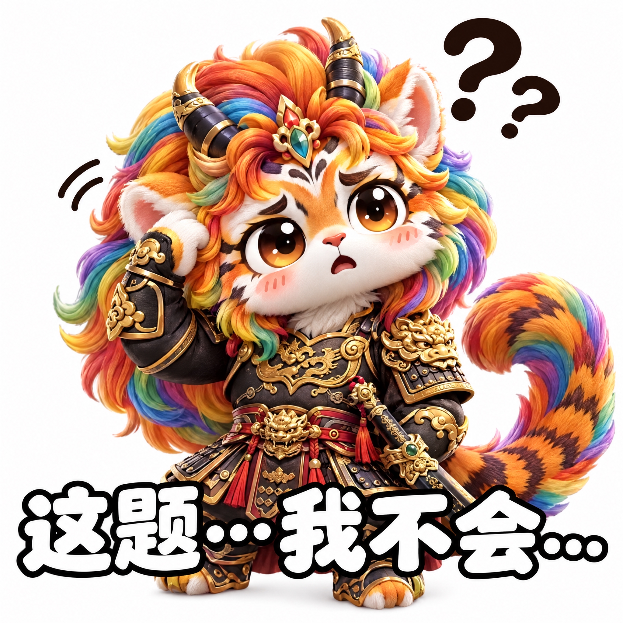 参考图中的彩虹鬃毛虎形神兽（穿黑色铠甲、持剑），做成可爱表情包… - 图片创意预览