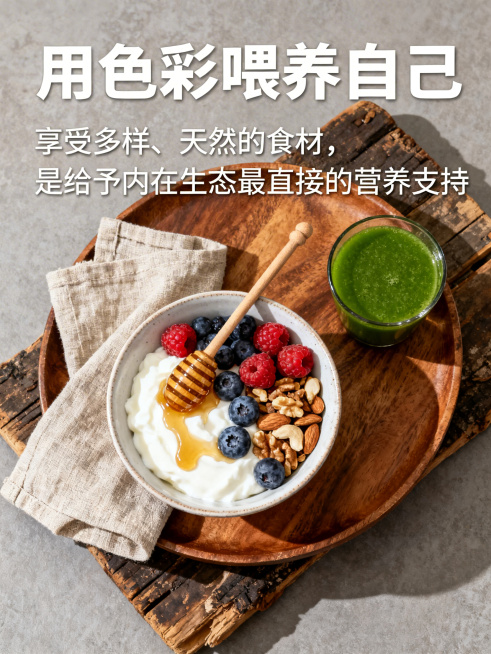 俯拍的早餐场景。木盘中有淋了蜂蜜的希腊酸奶碗（缀以莓果、坚果），旁边有一小杯绿色果蔬汁。构图留白充足，光线自然。执行：高质量美食摄影。色彩来自食物本身，道具简约（亚麻餐巾、旧木板）。	标题：用色彩喂预览效果