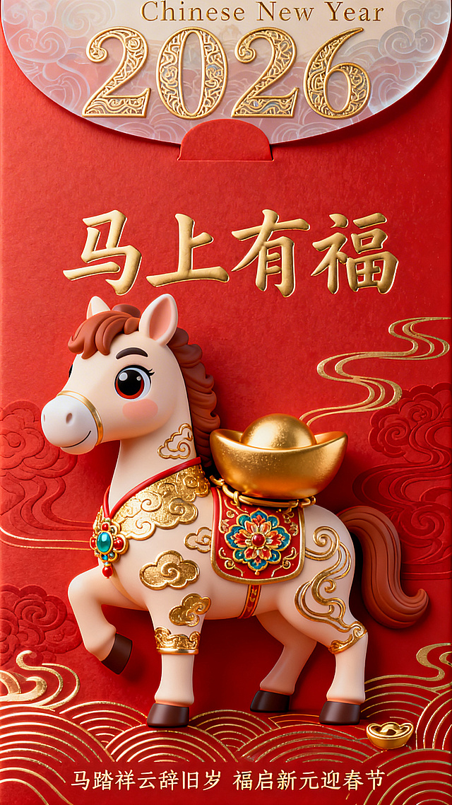 软3D风卡通马驮金元宝，鎏金浮雕纹样，中式喜庆红金配色，重拟物质感，2026春节贺岁设计。