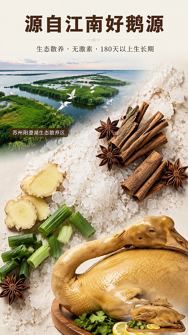 [第2屏] 成分与产地专屏——苏州盐水鹅原料溯源。本屏以【图2】为产品锚点（缩小至20%置于右下角），主体为三大视觉区块：①左上：阳澄湖湿地实景航拍（水草丰茂、白鹭飞掠），标注“苏州阳澄湖生态散养区”；②中部：粗盐粒、八角、桂皮、姜片、葱段平铺特写，颗粒清晰，占屏40%；③右下：整只盐水鹅局部（颈部+胸脯），皮色金黄，与输入图一致. [氛围/风格] 纪实摄影+食品美学融合，浅米白底#F8F5F0，自然光感。[元素布局] 原料满铺占屏≥50%，产地实景占30%，产品占20%；文字区在顶部中央。[文字版式] 主标题“源自江南好鹅源”，副标“生态散养 · 无激素 · 180天以上生长期”；标题思源黑体Bold 44pt 白色，副标霞鹜文楷 30pt 米白。[光影] 均匀柔光，无硬阴影，突出原料质感。[配色] #F8F5F0底 + #5D4037标题 + #D4AF37鹅皮 + #4CAF50香料绿。[比例] 9:16，4K，medium质量。[负向] 产地图失真、原料模糊、产品变形、文字过小。