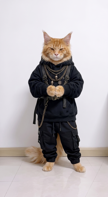 保留红虎斑公缅因猫拟人直立站立、双手合十、正面朝向镜头的姿势，保留纯白极简墙面背景和干净瓷砖地面，改成高清写实摄影，8K 超清，保留毛发根根分明、细腻绒毛质感，保持柔和自然光无杂影。更换服饰：穿着黑色预览效果