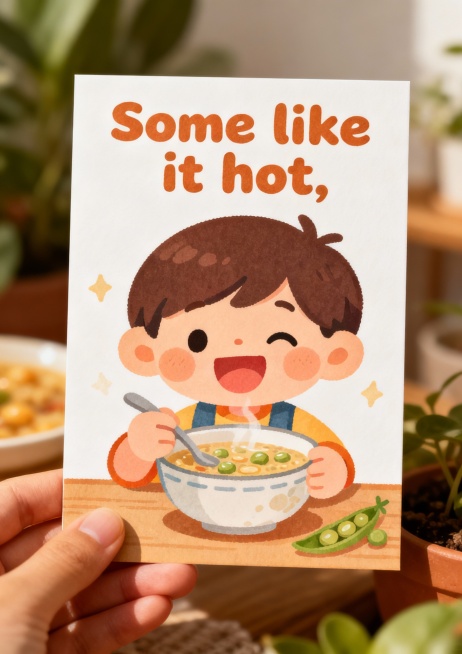 请制作A4竖版儿童卡片 1：
Pease porridge hot,
Pease porridge cold,
Pease porridge in the pot nine days old.
Som预览效果