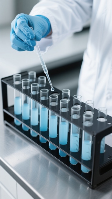 俯视角构图，现代化生物实验室的局部特写，一位穿着无菌白色实验服的研究人员正将戴着蓝色丁腈手套的手悬停在黑色哑光金属试管架上方，拇指与食指轻捏着一支细长的玻璃滴管，滴管尖端凝聚着一滴完美球形的透明液体即将滴落，下方整齐排列着12支不同刻度的硼硅玻璃试管，部分试管内盛有分层的淡蓝色溶液，液体表面张力形成的微小弯月面清晰可见，手套的乳胶纹理和指尖压痕细节分明，背景使用浅景深处理虚化出实验室的不锈钢操……预览效果