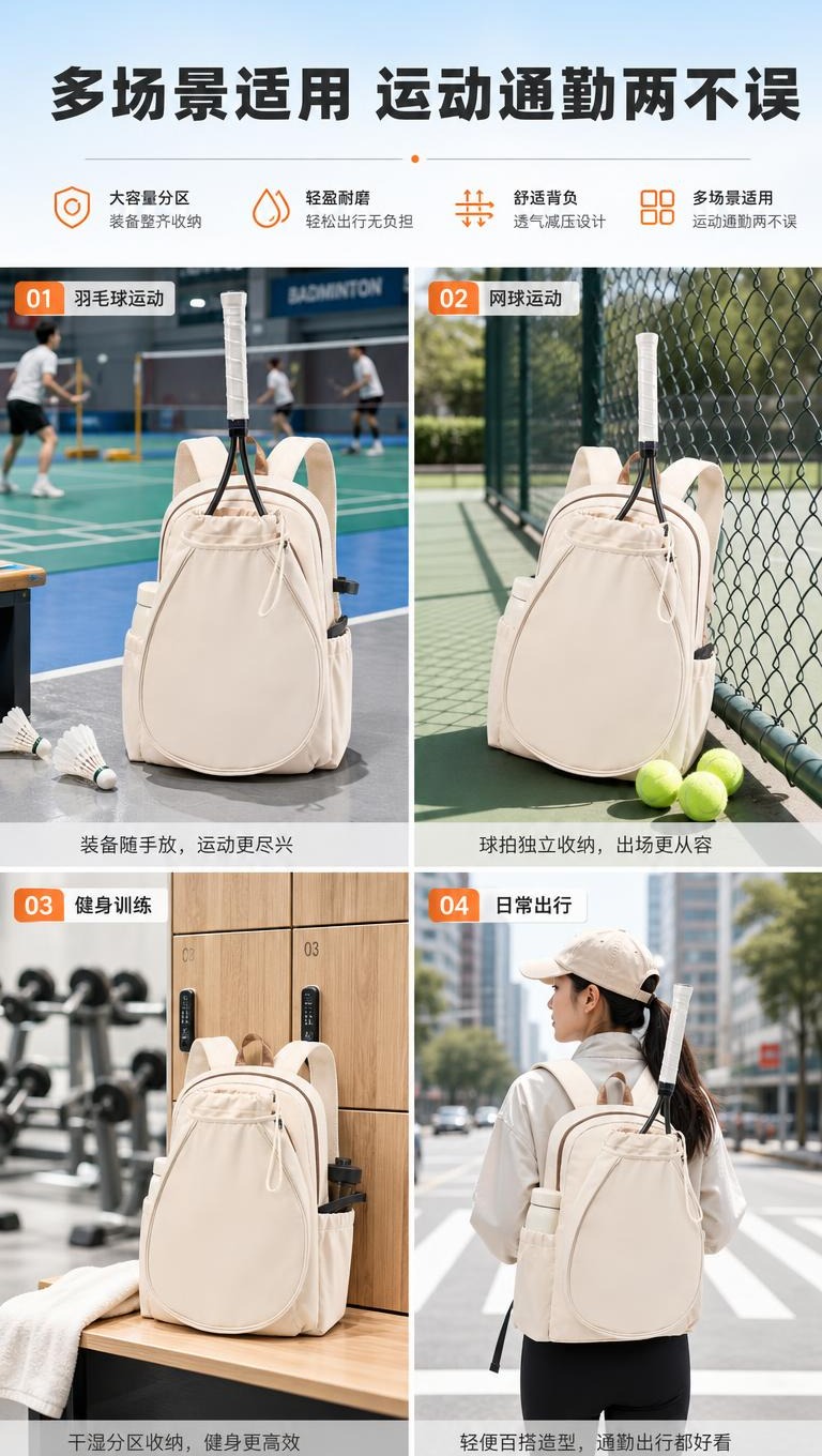 [商品] 使用【图1】米白色羽毛球双肩包；保留整体结构、颜色、… - 图片创意预览