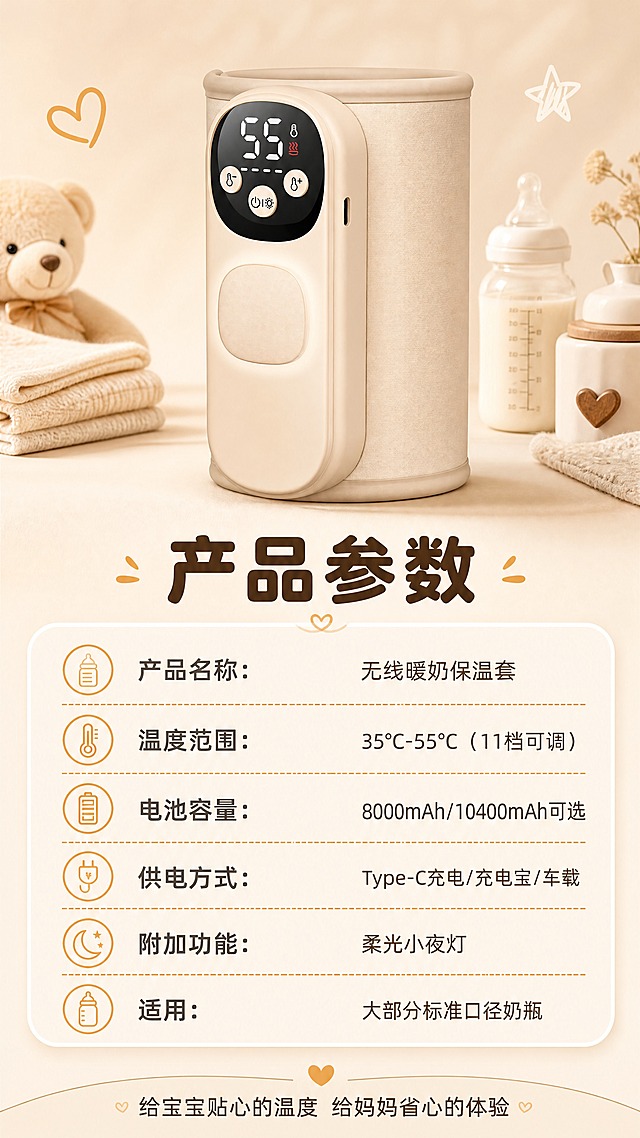 [商品] 使用【图1】米白色无线暖奶器保温套；将产品主体和上下包边（硅胶边缘）全部调整为统一的浅卡其色（偏浅的暖米棕调，柔和不深暗），保留圆柱形主体、正面数显屏、三个操作按键、Type-C充电口、布艺质感主体；产品结构、按键布局、材质质感完全保真，主体和包边统一为浅卡其色，不再有灰色包边。
[画面] 第8张 规格信息页，目标是展示产品参数与选购信息，温馨收尾；竖版9:16构图，浅卡其色产品位于上方居中占画面35%，下方为圆角参数信息卡区域；背景为柔和浅卡其米棕渐变，搭配温馨装饰元素；阅读动线从上到下：产品→参数卡→底部温馨提示。
[视觉] 套系策略：风格=温馨母婴风商业摄影+拼多多大字报风格；标题字=圆润粗黑体，醒目大字；正文字=简洁圆润无衬线体；主色=浅卡其米棕；背景延展=基于浅卡其米棕做深浅层级、同色渐变和细腻织物/柔光质感；强调色=暖橙黄色，仅用于小面积图标、标签和分隔线；标题色=深暖棕；正文色=中暖灰；组件=圆角参数信息卡、软分割线、小图标点缀；光影=顶部暖柔光，产品清晰立体，参数卡区域明亮易读。
[文字] 产品下方大标题"产品参数"；参数卡内分条列出："产品名称：无线暖奶保温套"、"温度范围：35℃-55℃（11档可调）"、"电池容量：8000mAh/10400mAh可选"、"供电方式：Type-C充电/充电宝/车载"、"附加功能：柔光小夜灯"、"适用：大部分标准口径奶瓶"；底部温馨小字"给宝宝贴心的温度 给妈妈省心的体验"；文字全部横向排版，参数清晰对齐，字号保证手机端清晰可读。
[规格] 图片比例9:16竖版，分辨率4K，负向提示：避免变形、错字、文字过小、冷蓝/蓝灰背景、灰色包边、产品颜色过深、结构失真、极限词、平台Logo水印、虚假参数。