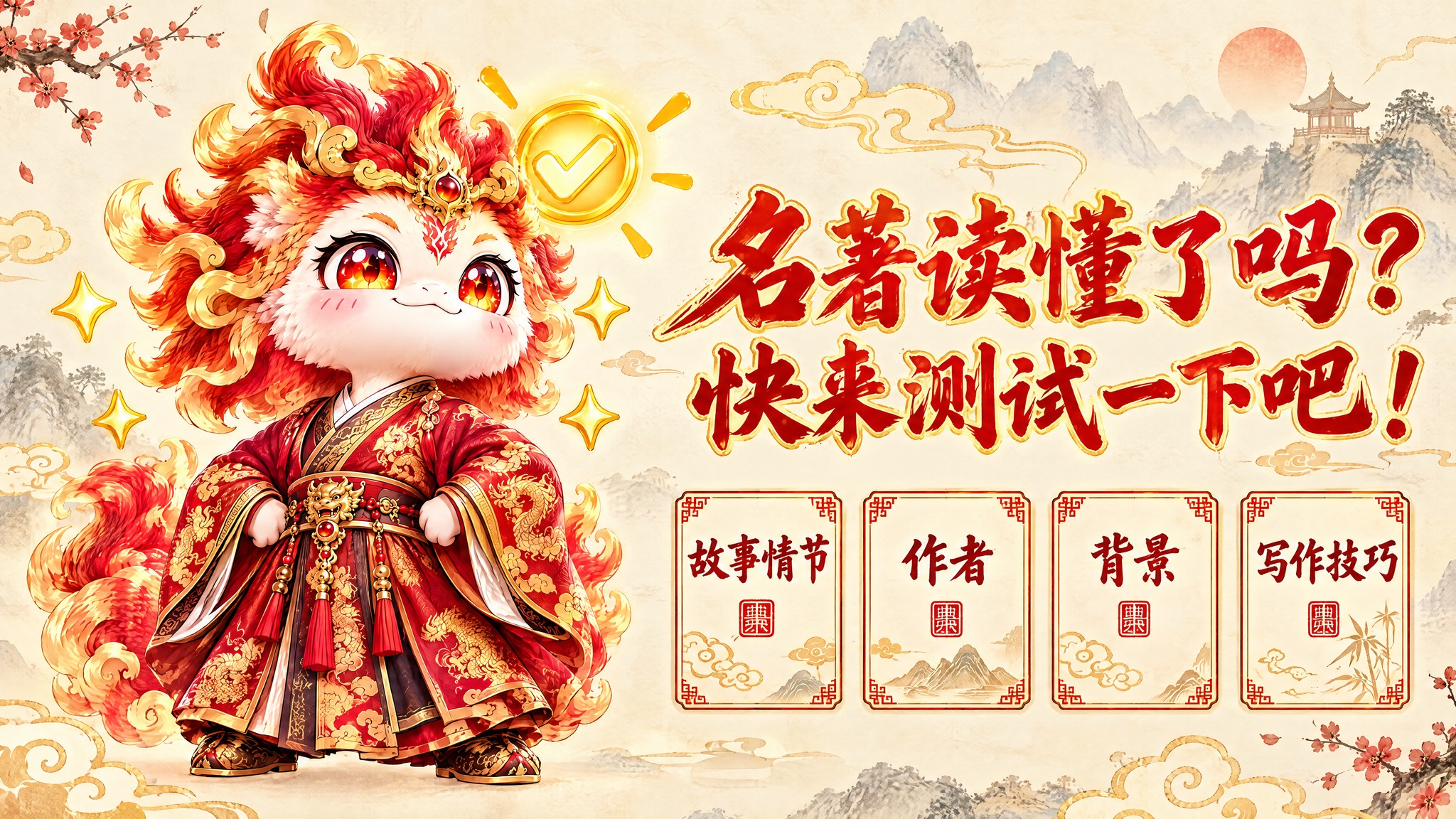 国风名著测评宣传图，1080乘605像素。左侧是穿红金汉服、叉… - 图片创意预览