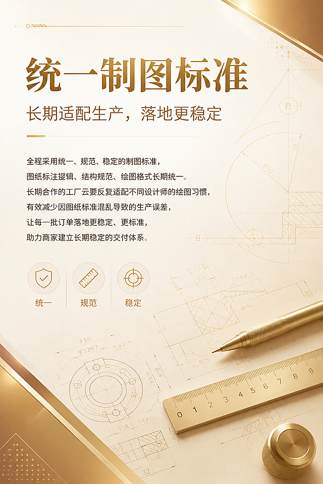 画册内页设计，竖版，金黄色调，高端大气，适当留白。背景为极简风格统一标准/规范图纸元素，暖金色调。页面顶部大标题"统一制图标准"，副标题"长期适配生产，落地更稳定"，正文："全程采用统一、规范、稳定的制图标准，图纸标注逻辑、结构规范、绘图格式长期统一。长期合作的工厂无需反复适配不同设计师的绘图习惯，有效减少因图纸标准混乱导致的生产误差，让每一批订单落地更稳定、更标准，助力商家建立长期稳定的交付体系。"文字排版整齐美观，标题突出，配极简图纸/标尺/规范几何图标装饰，2:3竖版构图