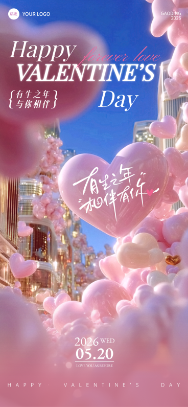 520浪漫梦幻感十足的3D软质心形气球漂浮于城市上空情人节海报预览效果
