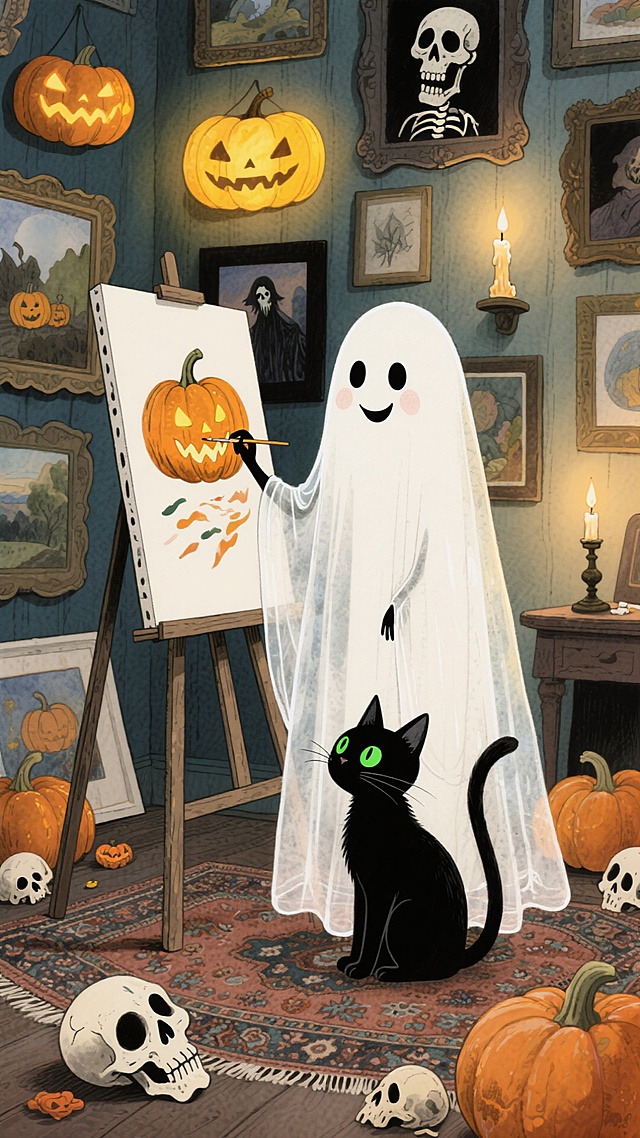 主体是一个可爱的幽灵，站在画架前画南瓜，旁边有一只黑色猫咪。背景是挂满艺术作品的收藏室，装饰着南瓜灯、骷髅头、蜡烛等万圣节元素，地面有南瓜、骷髅头和地毯