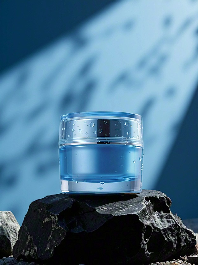 产品立在黑色的岩石上，岩石肌理清晰，背景是蓝色的天空，蓝色氛围光，摄影，暗调