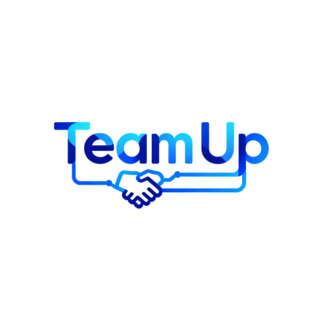以"Team Up"文字为主体设计AI培训网站logo，字体设计结合抽象团队协作元素，现代简约科技风格，蓝色渐变配色，简洁专业，将文字与协作概念融合，纯文字创意设计预览效果