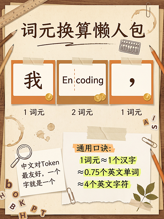 竖版3:4比例AI科普知识长图，手绘插画风，复古手账剪贴簿拼贴风格，背景是米黄色做旧纸张纹理，模拟桌面俯拍效果，木质桌面边缘若隐若现，主色调复古橙、焦糖棕、奶油白，顶部深棕色大字标题「词元换算懒人包」，旁侧画小算盘图标，画面中间三张横向排列卡片，用纸胶带贴在背景上：左边卡片写中文汉字「我」，下方标注「1 词元」，角落放小金币；中间卡片写英文单词「Encoding」，被虚线从中间切开，分为「En」和「coding」两部分，下方标注「2 词元」，角落放两个小金币；右边卡片写逗号「，」，下方标注「1 词元」，角落放一个小金币；下方撕边胶带贴住大卡片，荧光笔写公式「通用口诀：1词元 ≈ 1个汉字 ≈ 0.75个英文单词 ≈ 4个英文字符」，左侧便签画放大镜，写着「中文对Token最友好，一个字就是一个」，装饰元素有尺子、铅笔、咖啡杯渍圆圈、散落的字母贴纸，整体复古手账拼贴感，信息清晰易读，2K分辨率