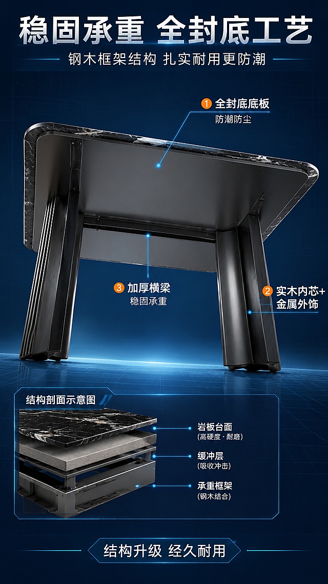 [第4张] 详情页结构工艺页-全封底底座+钢木框架承托结构。本张使用【图1】作为商品主体，展示底部结构与承托原理。
[氛围/风格] 专业结构解析风，工业精密感，3D透视效果，技术感强。
[元素布局] 画面中央为餐桌底部仰视角度，展示全封底结构，占比约50%；周围分布3个结构标注点：①全封底底板（防潮防尘）②钢木结合立柱（实木内芯+金属外饰）③加厚承重横梁；左侧有结构剖面示意图，展示岩板台面→缓冲层→承重框架的分层结构；背景为深蓝色科技感渐变背景，带有细微网格线。
[光影质感] 底部补光清晰照亮封底结构，金属部分有冷调反光，整体光线均匀专业。
[配色色系] 全局底色深蓝渐变#1A2332；主色钢木黑灰色系；辅助色蓝色标注线、白色文字；点缀色橙色重点标注。
[视角构图] 底部仰视+侧面透视结合，中央主体，四周标注，阅读动线中心向外辐射。
[文字版式] 顶部主标题「稳固承重 全封底工艺」，副标题「钢木框架结构 扎实耐用更防潮」；3个结构标注点带引线+文字说明：「全封底底板 防潮防尘」「实木内芯+金属外饰」「加厚横梁 稳固承重」；底部小字「结构升级 经久耐用」；文字清晰专业。
[比例分辨率] 9:16竖版比例，4K分辨率，文字清晰可辨，高清画质。
[负向提示词] 结构错误，变形扭曲，标注不清，水印，文字错乱，文字过小，背景杂乱。