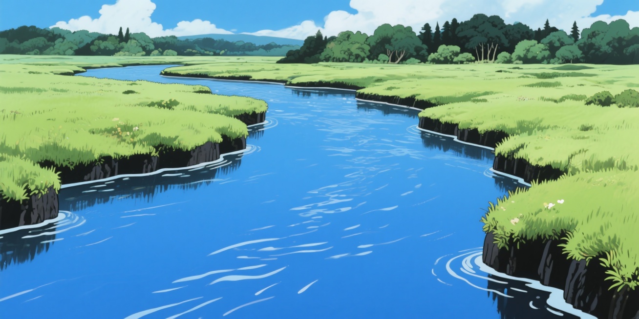卡通游戏的偏向可爱风格的插画背景图，正前方横向河流阻断对岸，水面有轻微流水波动，水质蔚蓝清晰透发清脆气息，河对岸是草原森林，远处可见青天白云，整体色调大气整洁清晰，透发出大自然的味道预览效果