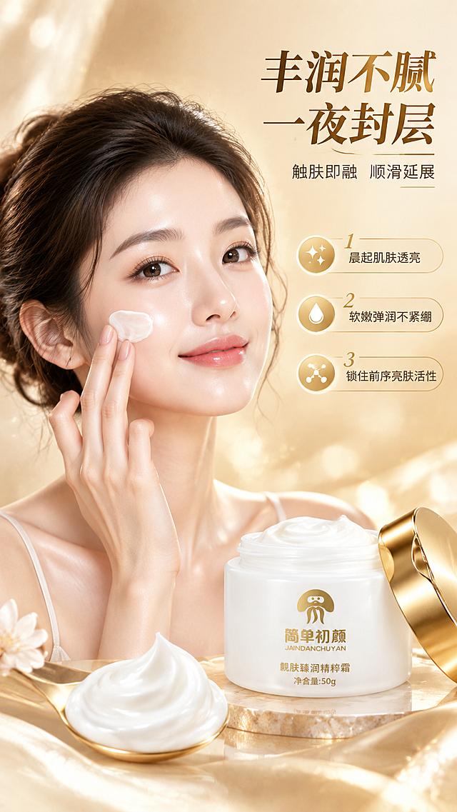 [商品] 使用【图1】简单初颜靓肤臻润精粹霜瓶身；保留瓶身Logo"简单初颜"、"靓肤臻润精粹霜"、"净含量:50g"及金色瓶盖、白色磨砂瓶身的颜色材质；产品放置在画面右下角，与人物手部互动。
[画面] 第4张·真人效果+肤感展示：目标是展示使用后的肌肤状态与产品肤感。左侧及中部为亚洲女性模特半身特写（肩部以上），肌肤透亮有光泽，表情放松优雅，右手无名指蘸取面霜轻点脸颊，呈现使用中状态；右下角放置精粹霜瓶子，瓶盖打开，旁边有一勺丰润膏体质感特写；背景为柔焦米白香槟色渐变，带金色光斑。右侧竖排3条编号效果利益点。前中后景：前景膏体微距质感、中景模特面部+产品、背景柔焦光晕+丝绸质感，共3层以上。
[视觉] 套系策略：风格=高级轻奢美妆商业摄影，白金调性，柔光质感；标题字=现代简约衬线粗体，优雅大气；正文字=简洁无衬线体，清晰易读；主色=米白+香槟金；背景延展=基于米白香槟金做深浅渐变、同色系层次、细腻磨砂/大理石/丝绸质感；强调色=璀璨金，仅用于小面积图标、引线、标签和高光点缀；标题色=深棕金；正文色=暖灰棕；组件=圆角浅金信息卡、细金线引线、圆形金边icon；光影=左前侧45度暖柔光，柔和阴影，产品边缘有金色轮廓光。
[文字] 右上主标题"丰润不腻 一夜封层"，副标题"触肤即融 顺滑延展"；右侧3条编号效果：①晨起肌肤透亮；②软嫩弹润不紧绷；③锁住前序亮肤活性。文字不遮挡模特面部和产品主体。
[规格] 图片比例9:16竖版，4K，负向提示：避免变形、错字、文字过小、冷蓝/蓝灰背景、欧美面孔、夸张前后对比、医疗功效承诺、产品瓶身文字错乱。