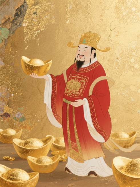 100×75cm 高清画幅，极简轻奢风财神爷 IP 形象，全身立绘，现代简约国风融合设计，财神爷身形挺拔舒展，面容沉稳大气、笑意温和，头戴简约鎏金官帽，身着线条利落的红金渐变财神袍，无繁复花纹、质感高预览效果