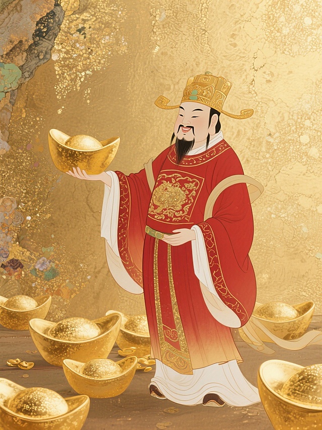 100×75cm 高清画幅，极简轻奢风财神爷 IP 形象，全身立绘，现代简约国风融合设计，财神爷身形挺拔舒展，面容沉稳大气、笑意温和，头戴简约鎏金官帽，身着线条利落的红金渐变财神袍，无繁复花纹、质感高级哑光；单臂向前平伸，掌心托举一枚超大实心金元宝，送财动作舒展庄重；背景为纯色高级鎏金色调，无多余杂色，画面中错落摆放数枚质感厚重的大金元宝、整摞金砖、哑光金币，黄金元素分布简约不拥挤，留白恰到好处，光影为低饱和暖金光影，金属哑光质感细腻，整体画面高级大气、招财寓意鲜明，构图对称均衡，人物主体突出，8K 超高清，细节精致，适配高端商业空间大幅装饰画、品牌招财 IP 设计