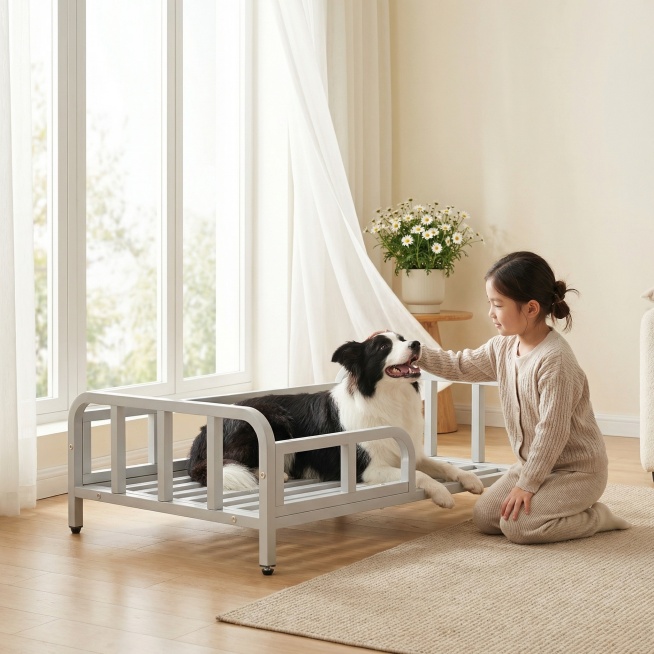 浅灰色金属框架狗床，保持原产品物理结构绝对不变，床下面没有轮子，床腿没有额外东西，床上没有床垫。产品主体不变形不扭曲。
三分法构图，主体占画面70%，平稳放置在原木温馨客厅的木地板上，有清晰接触阴影，预览效果