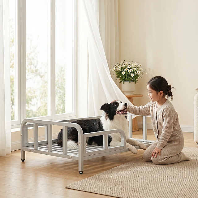 浅灰色金属框架狗床，保持原产品物理结构绝对不变，床下面没有轮子，床腿没有额外东西，床上没有床垫。产品主体不变形不扭曲。
三分法构图，主体占画面70%，平稳放置在原木温馨客厅的木地板上，有清晰接触阴影，拒绝微缩模型感。
浅奶白色温馨墙面，搭配浅原木色地毯，大落地窗透进柔白光线，小清新家庭室内氛围。
床上趴着一只开心的边牧，画面右侧有一位东亚女孩温柔抚摸狗狗，姿态松弛自然。
柔和明亮漫射暖光，左侧透窗打入，阴影极淡柔和，画面明亮干净，低对比度。
窗边微风飘动白纱帘，角落摆放白色小雏菊盆栽，营造生活氛围与生机。
商业温馨家居摄影，8K分辨率，极高材质细节，干净通透，小清新治愈风格。保持 1:1 画面比例。