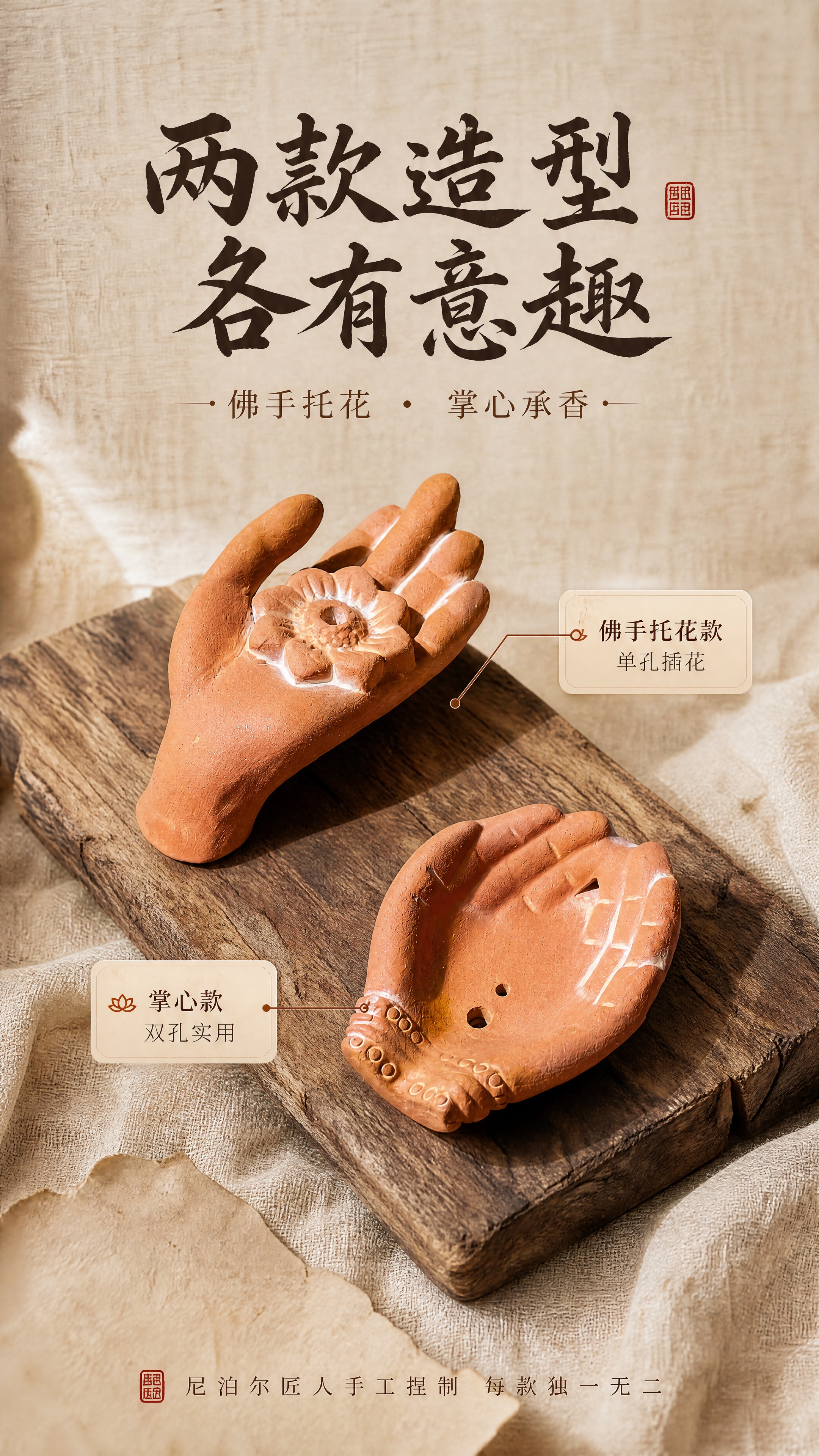 [商品] 使用【图1】两款粗陶香插——佛手托花款（上方）和掌心… - 图片创意预览