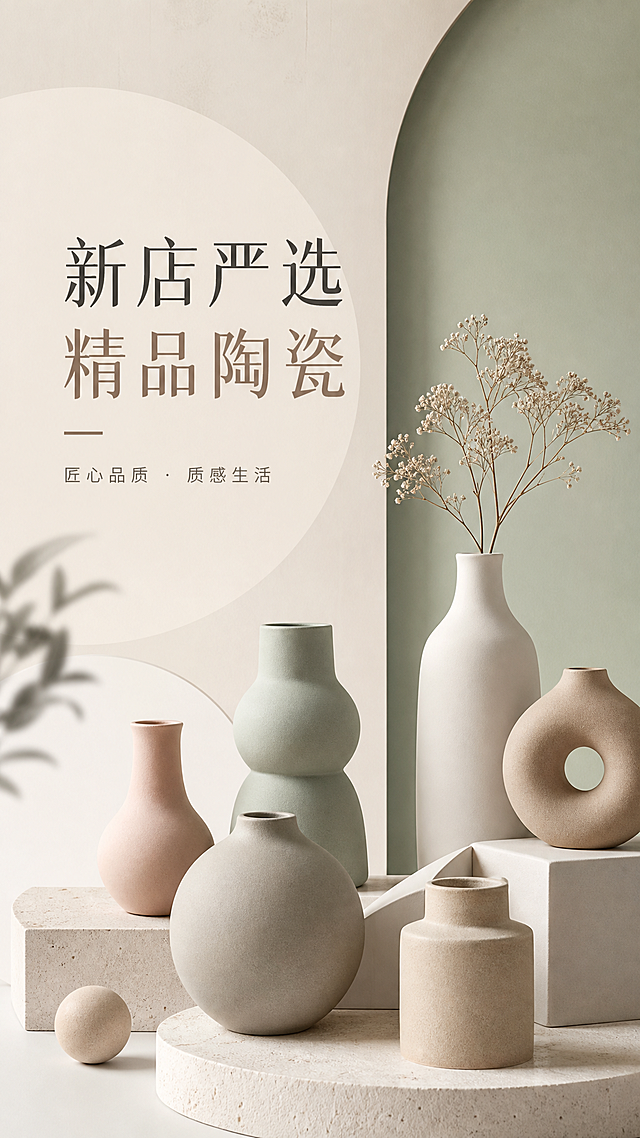 抖音竖版背景图，主题新店严选精品陶瓷，展示哑光陶瓷花瓶，北欧ins风格，莫兰迪低饱和色调，简约几何背景，文字"新店严选 精品陶瓷"，简约高级