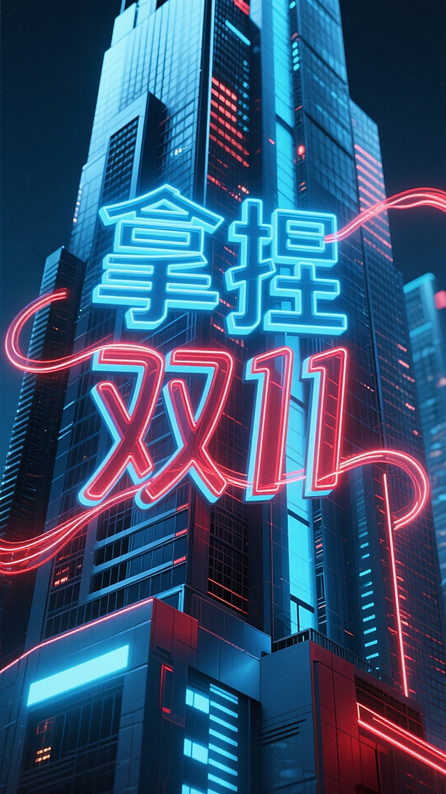 赛博朋克风都市夜景，霓虹灯勾勒“拿捏双11”大字，蓝红光影交错，虚拟现实感十足，科技感与酷炫感交织，彰显未来购物狂欢。