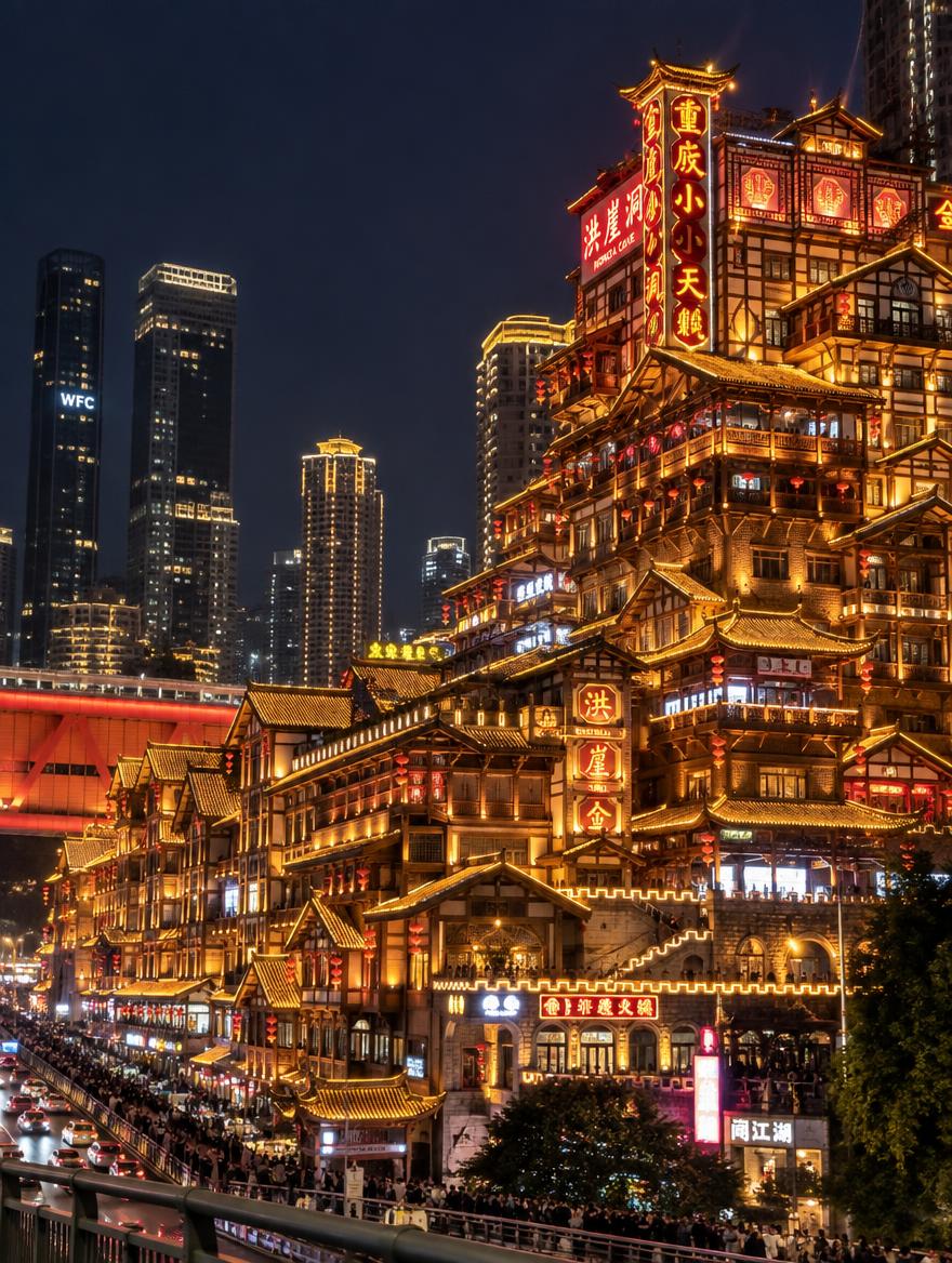 洪崖洞高清实拍风景图，重庆洪崖洞夜景，吊脚楼建筑群，璀璨灯光，… - 图片创意预览